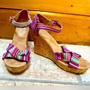 TOM’S cork wedges.  Pink stripe pattern.  Size 7.5
